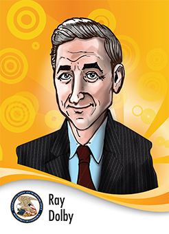 Portrait of Ray Dolby in caricature style with a background made out of soundwaves