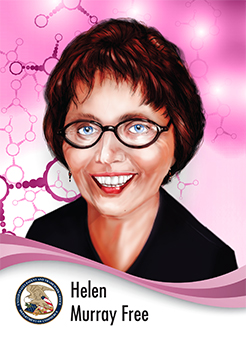 Portrait of Helen Free in caricature style with a background made out of molecules