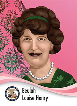 Portrait of Beulah Louise Henry in caricature style with a background made out of fabric patterns