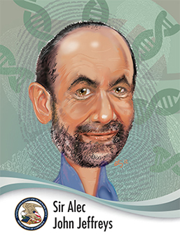 Portrait of Alec Jeffreys in caricature style with D N A helixes in the background