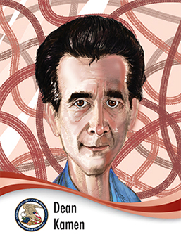 Portrait of Dean Kamen in caricature style with tire tracks in the background