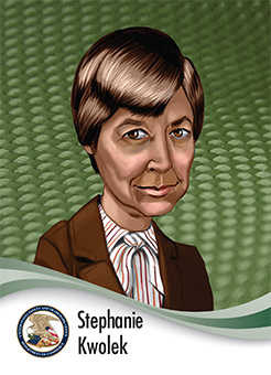 Portrait of Stephanie Kwolek in caricature style with a background made out of woven material