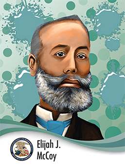 Portrait of Elijah McCoy in caricature style
