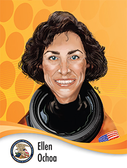 Portrait of Ellen Ochoa in caricature style wearing an astronaut suit