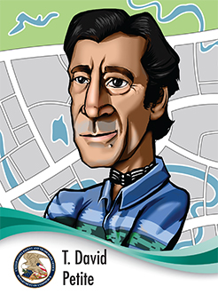 Portrait of T. David Petite in caricature style with a background made out of maps