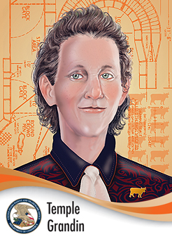 Portrait of Temple Grandin in caricature style with a background showing a drawing of her patent