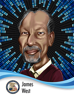 Portrait of James West in caricature style surrounded by audio levels