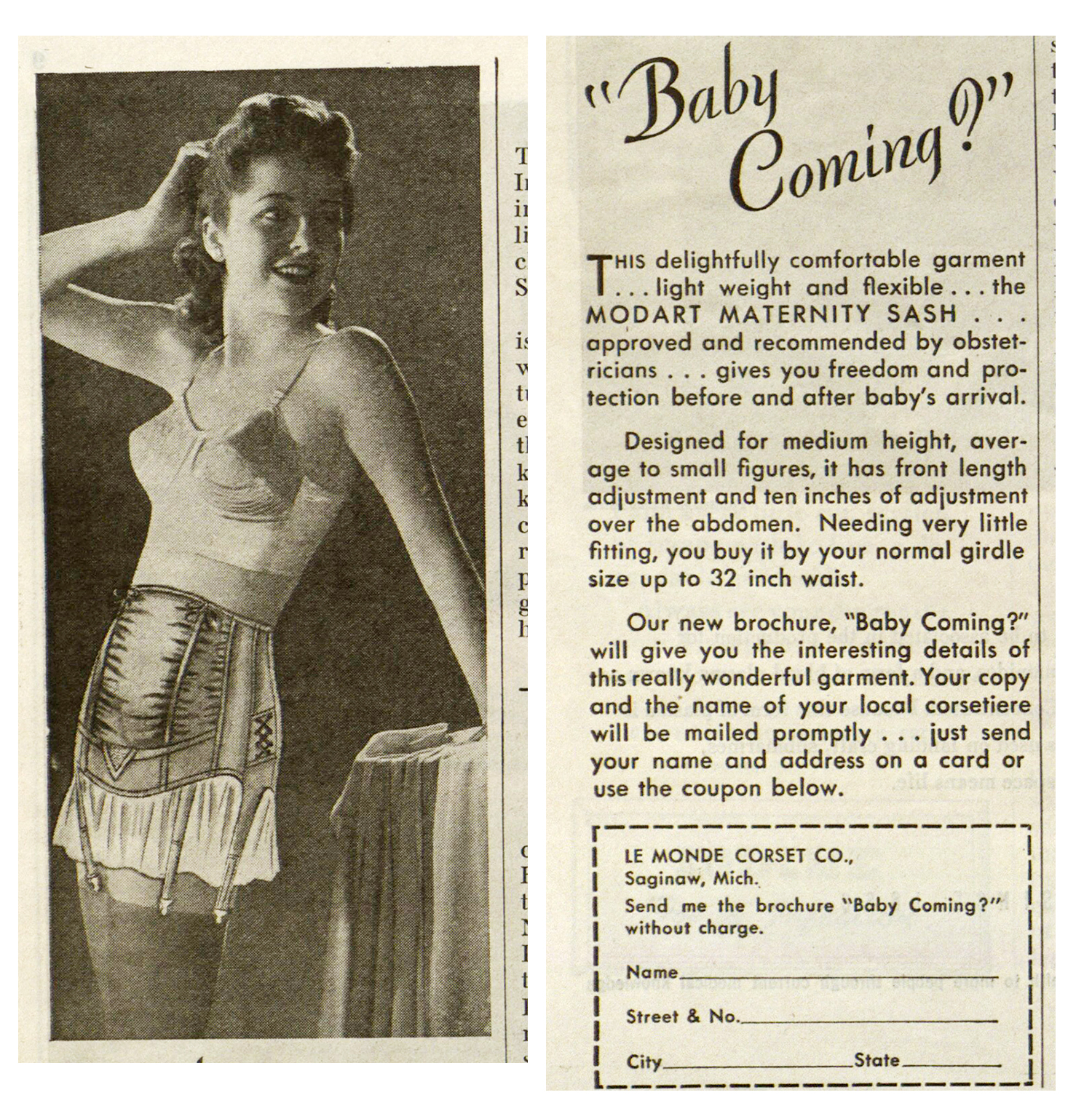 Young, pregnant white woman smiling and modeling maternity girdle and wearing bra, garters, and stockings