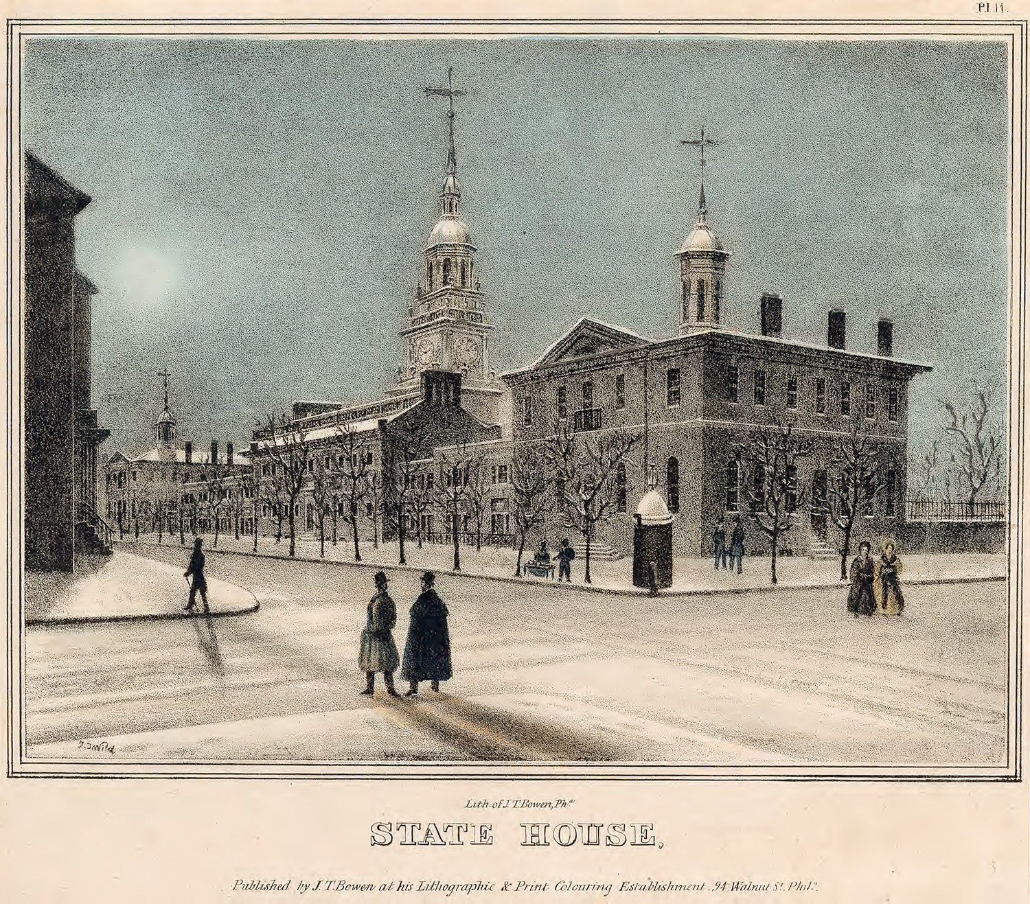 The corner view of a stately building and snowy streetscape, with various men and women standing or walking about. 