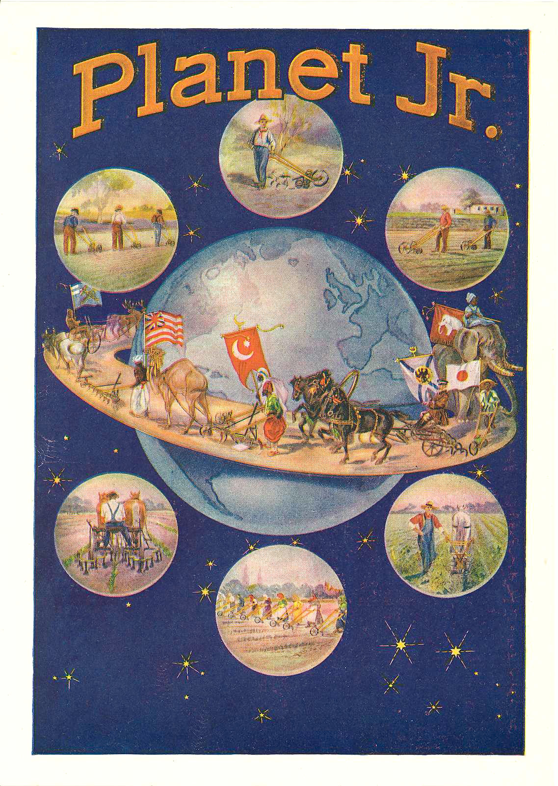 Advertisement with a blue background and an image of the globe with a ring around it, like Saturn’s ring. On the surface of the ring, beasts of burden pull cultivators, with farmers holding the flags of their various countries. Around the globe, on the blue background, are stars and images of people using cultivators on fields.