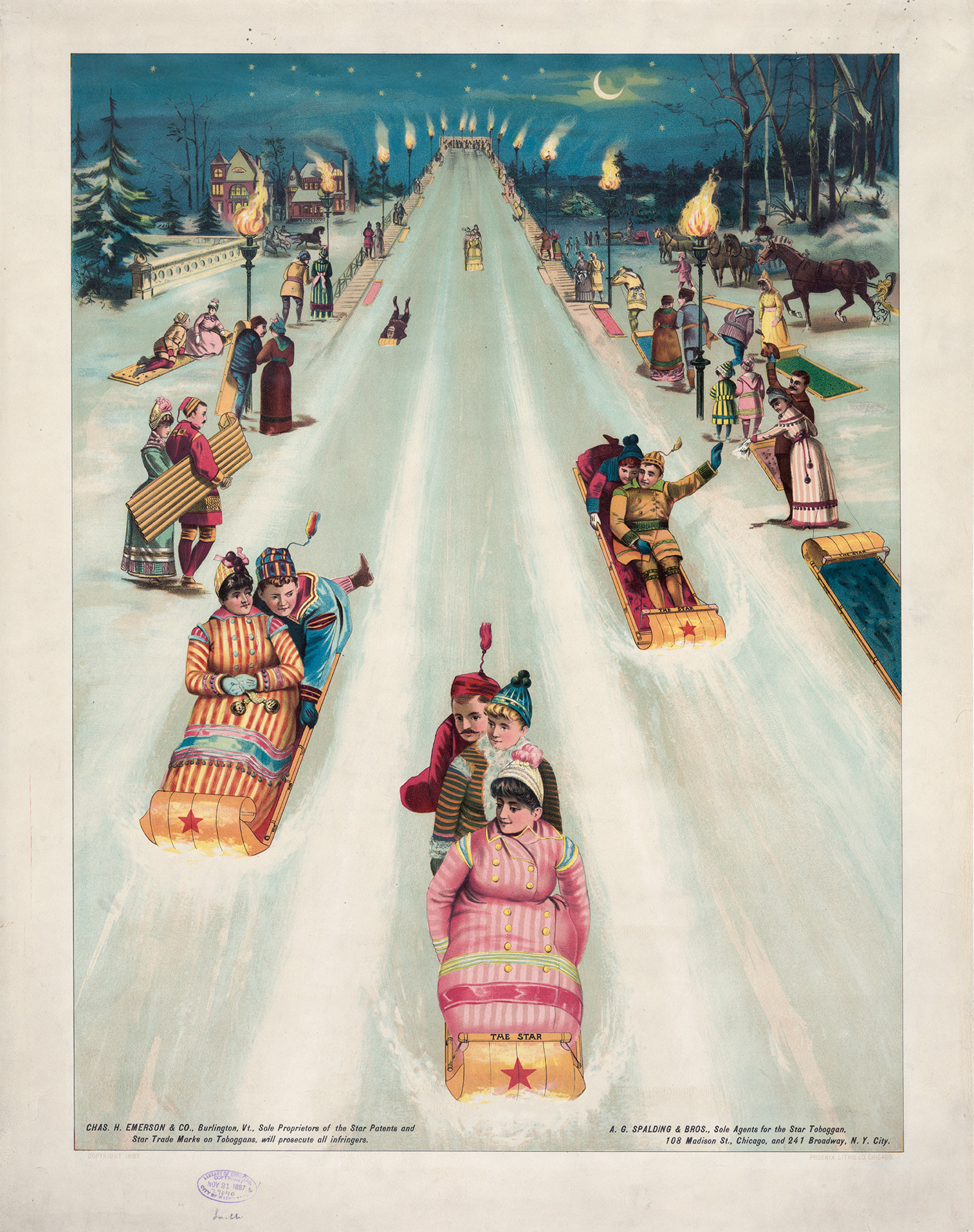A painting of adults in Victorian dress and riding toboggans down a long, snowy ramp or hill at nighttime. 