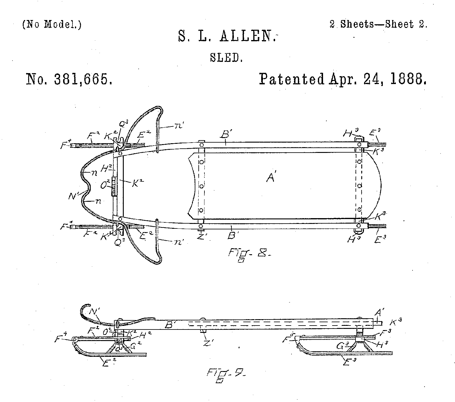 Patent drawings of a sled, showing steering mechanism and runners. 