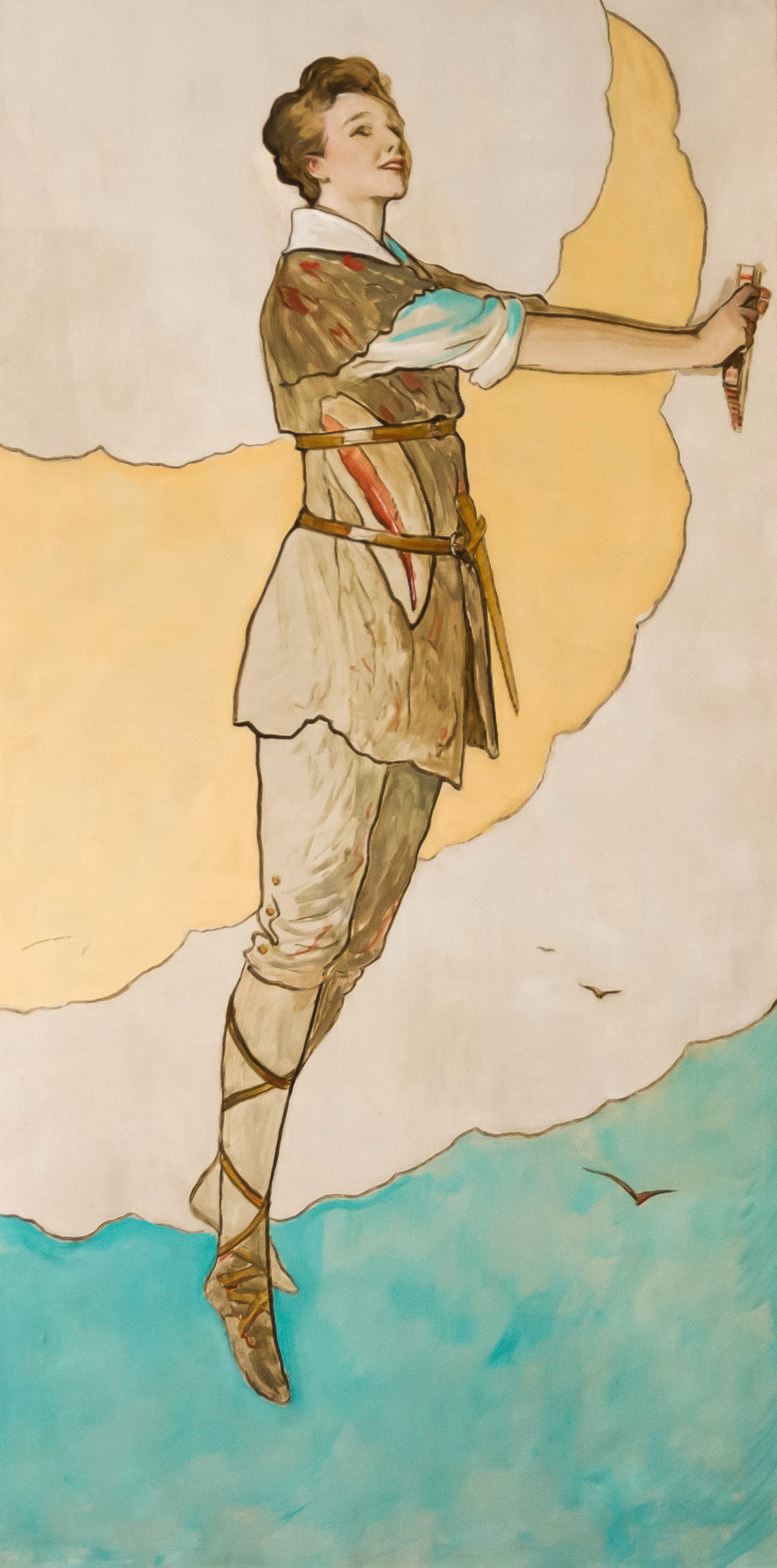 A woman, dressed as Peter Pan, flying upright, in profile, against bands of color representing the heavens