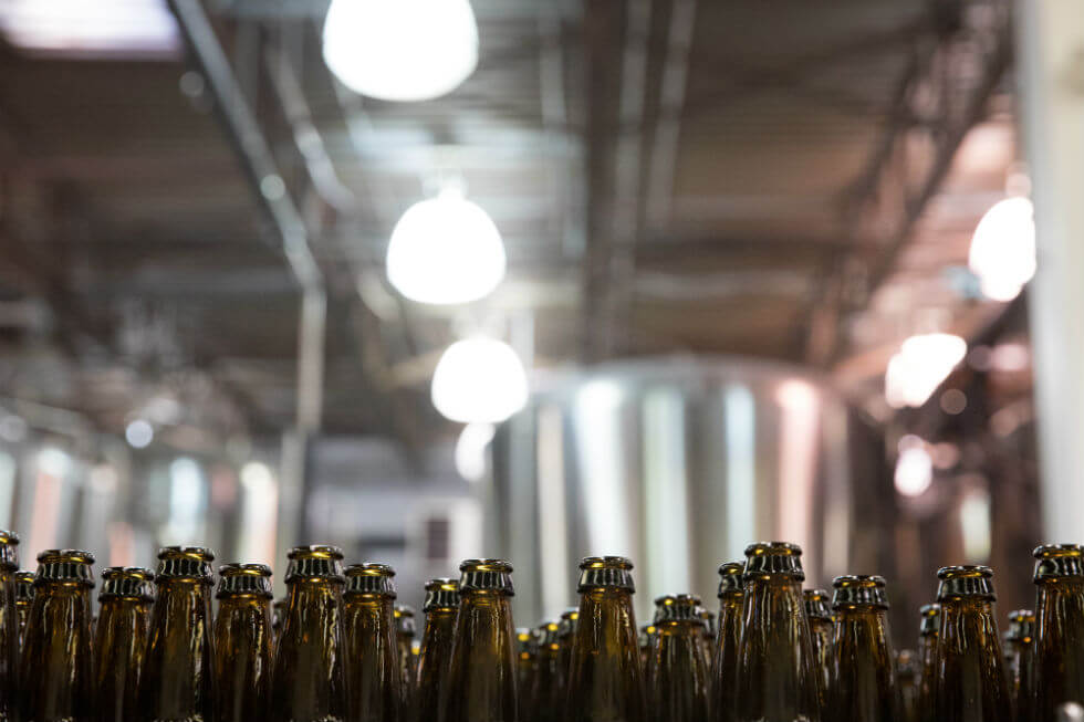 Image: Empty beer bottles await filling and packaging.