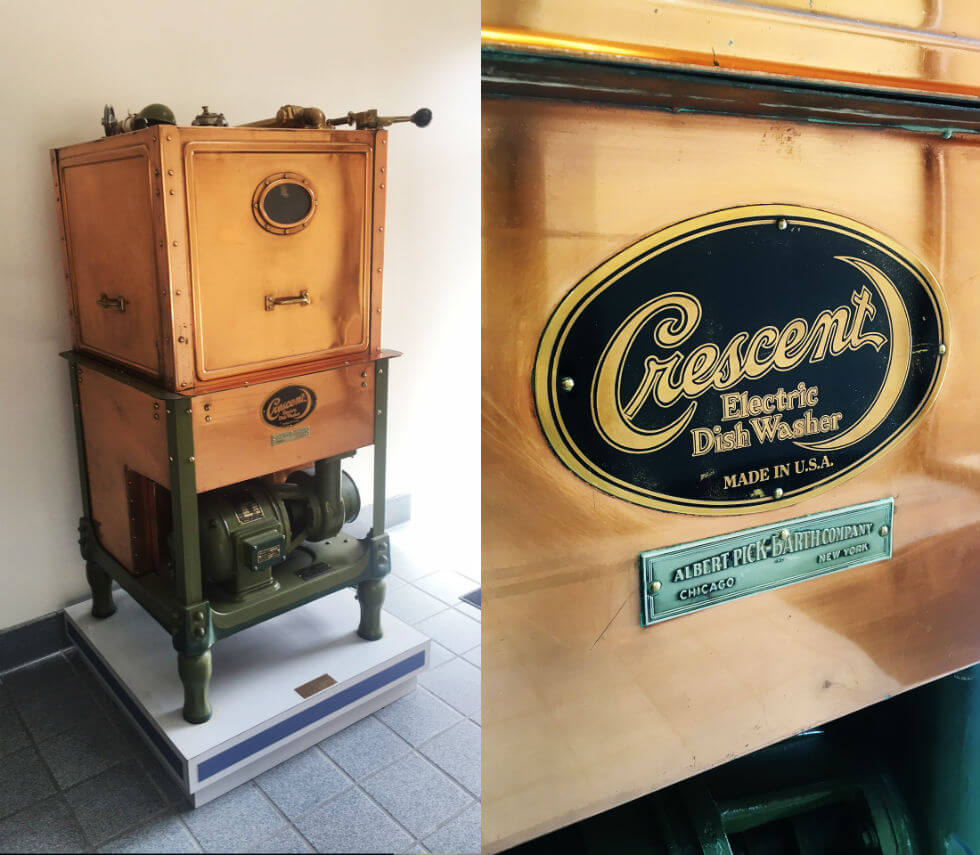 Image: a Crescent dishwashing company large, square copper washer from the 1920s, Detailed closeup of the trademarked "Crescent" label on the washer.