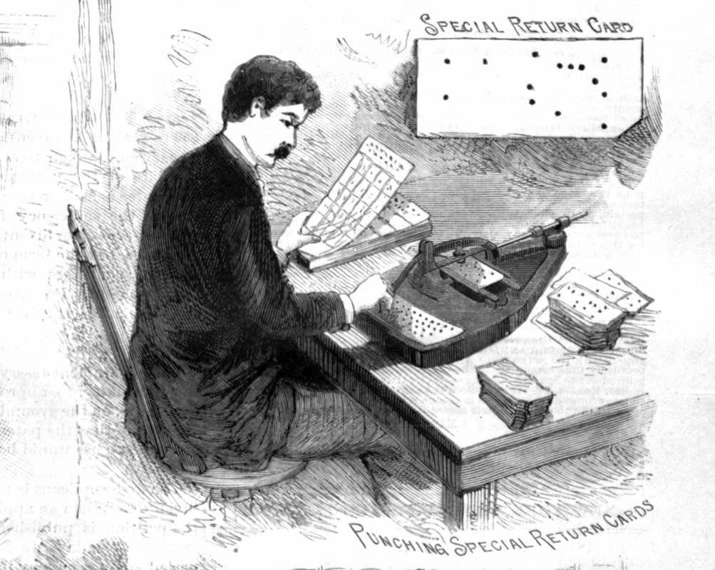 Black and white sketch of a man punching data onto a punch card