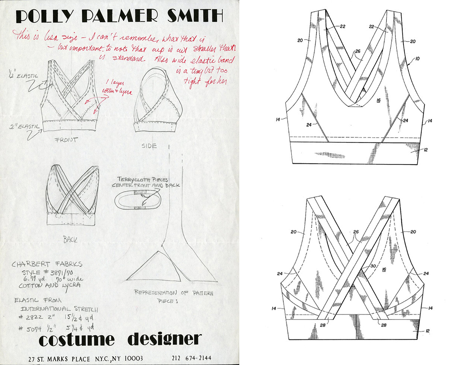 Left: Original sketches of the jogbra on Polly Palmer Smith costume designer stationary. Right: Patent drawings of the front and back of the athletic brassiere. 
