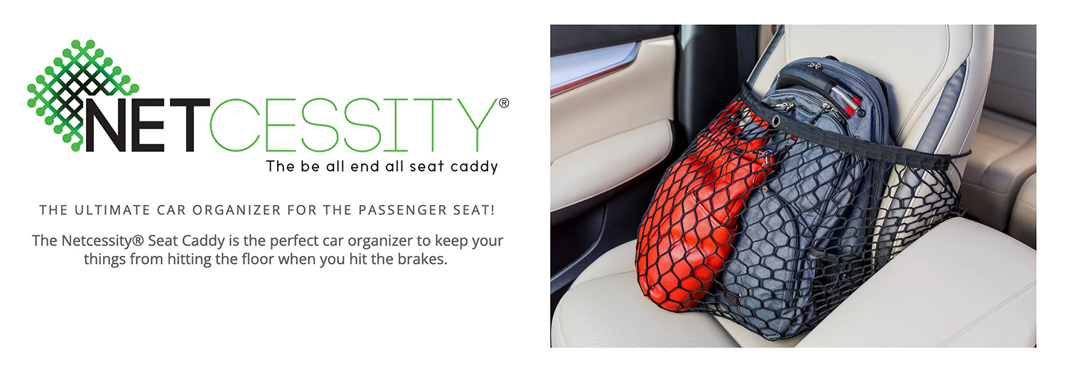 On the left, Netcessity logo with trademark above a slogan for the company. On the right, a car seat with the Netcessity seat caddy installed, filled with a blue backpack and red purse.