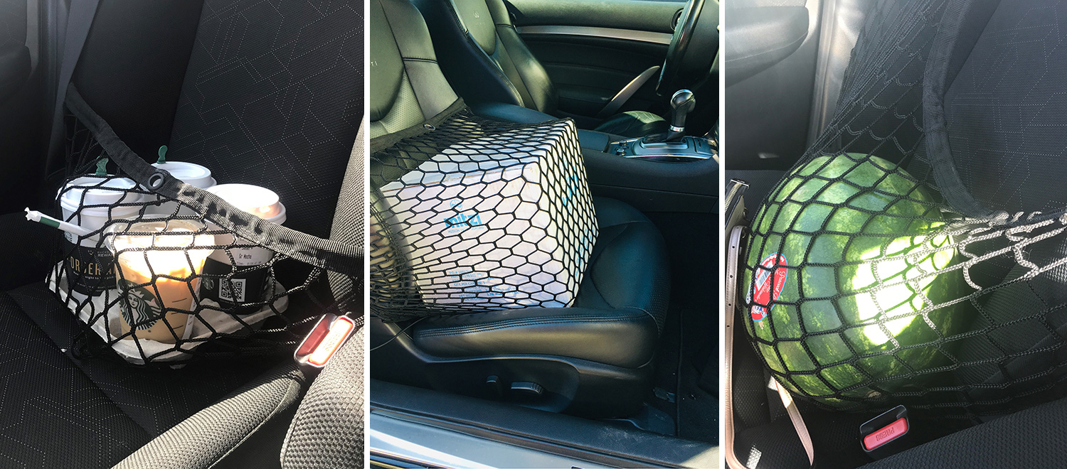 A car seat with a net seat caddy on it and a large white box inside the net. A car seat with a net seat caddy on it and four cups of coffee in to-go cups inside the net. A car seat with a net seat caddy on it and a large watermelon inside the net.