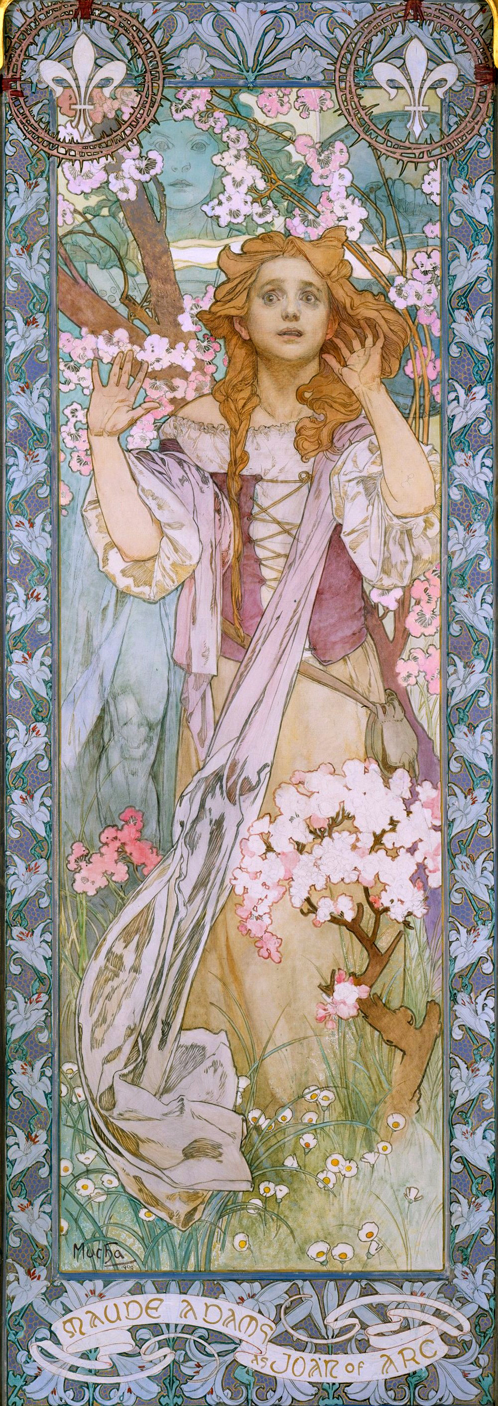 A flowery, intricate, embellished painting of a woman in idealized medieval dress, with text reading “Maude Adams as Joan of Arc”