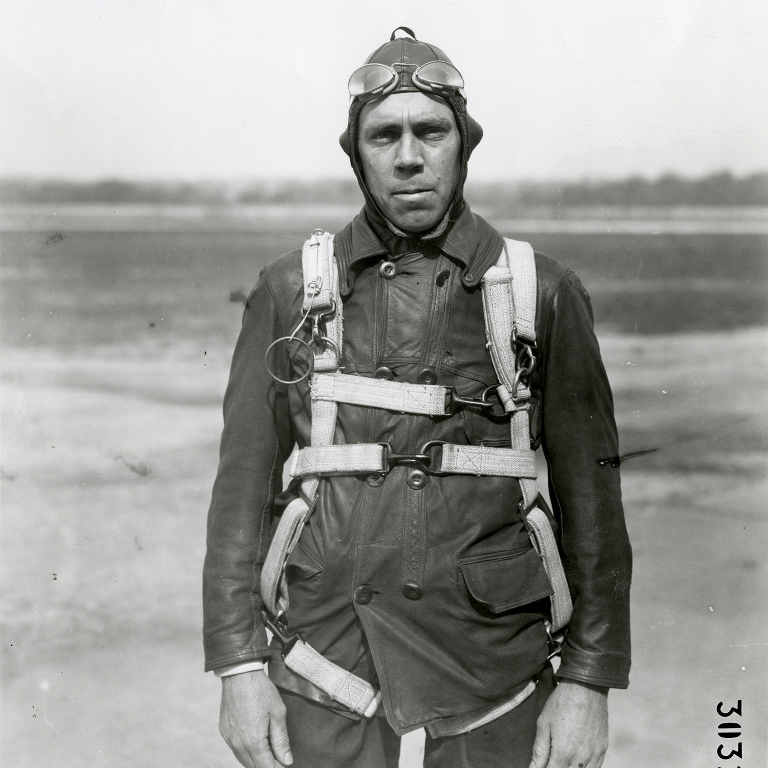 Floyd Smith poses for the camera wearing the Type A parachute.