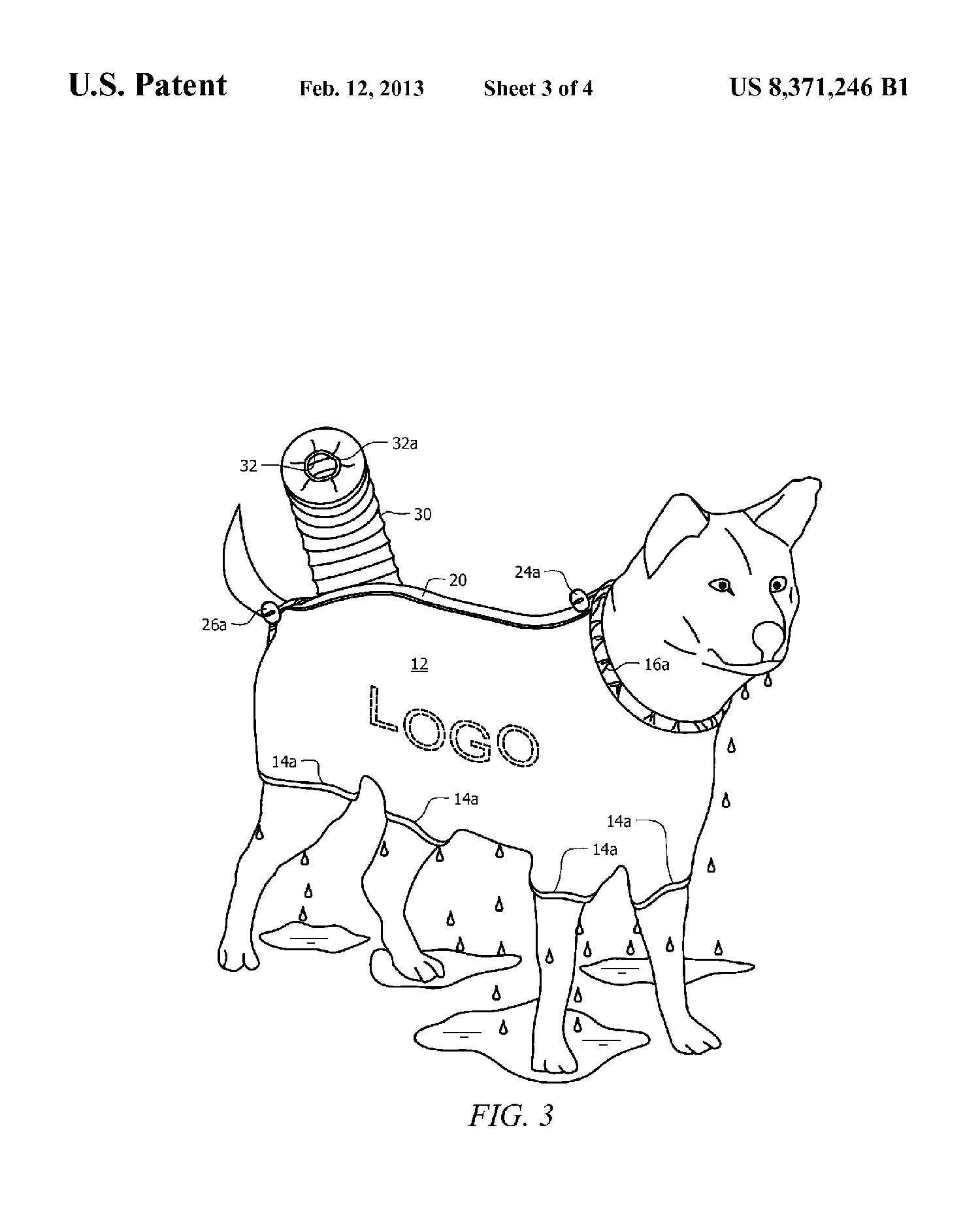 This patent drawing shows a dripping-wet dog wearing the Puff-N-Fluff.