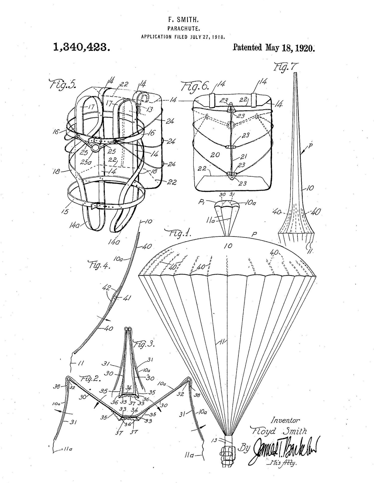 Patent drawing for Floyd Smith's first manually operated parachute