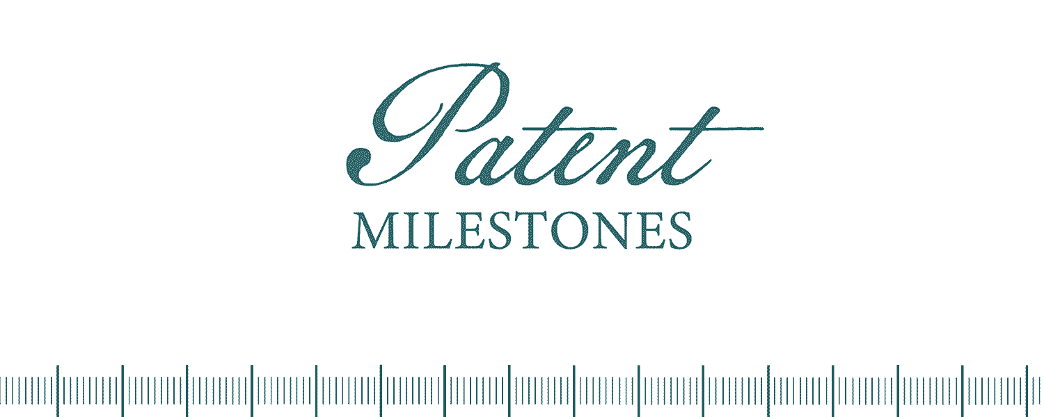 Patent Milestones animation that features a timeline, 4 different centuries (1700s, 1800s, 1900s and 2000) and one patent from each time period. 
