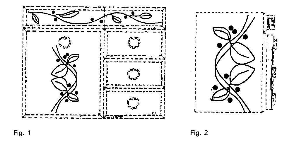 design patent drawings with structure of product shown in broken lines and artwork in solid lines  