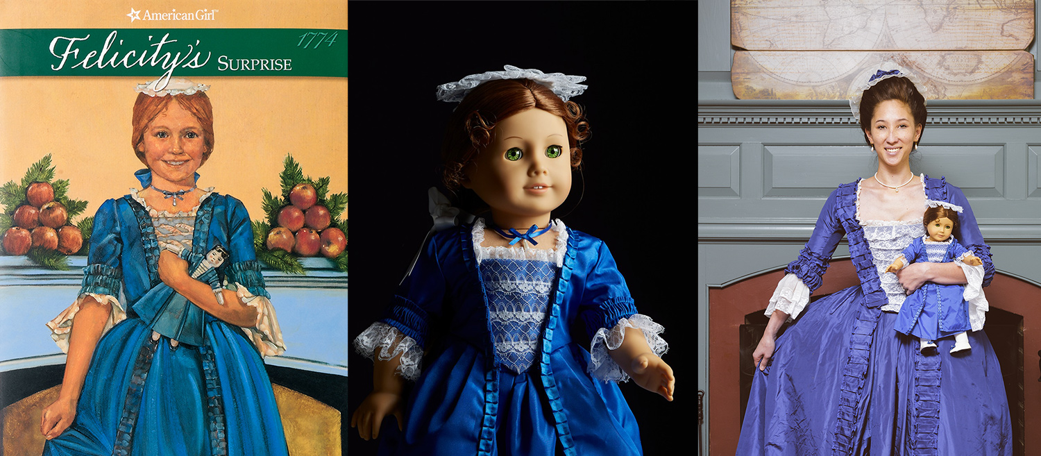 The book cover of “Felicity’s Surprise.”; A doll with red hair and green eyes in a colonial-era blue satin ball gown and lace hat.; Dress historian Samantha Bullat poses in front of a fireplace in Williamsburg, wearing a blue taffeta ballgown she designed and holding a doll in matching dress. The image is a real-life recreation of illustrated cover art for “Felicity’s Surprise” showing American Girl Felicity Merriman dressed for the Governor’s Ball.