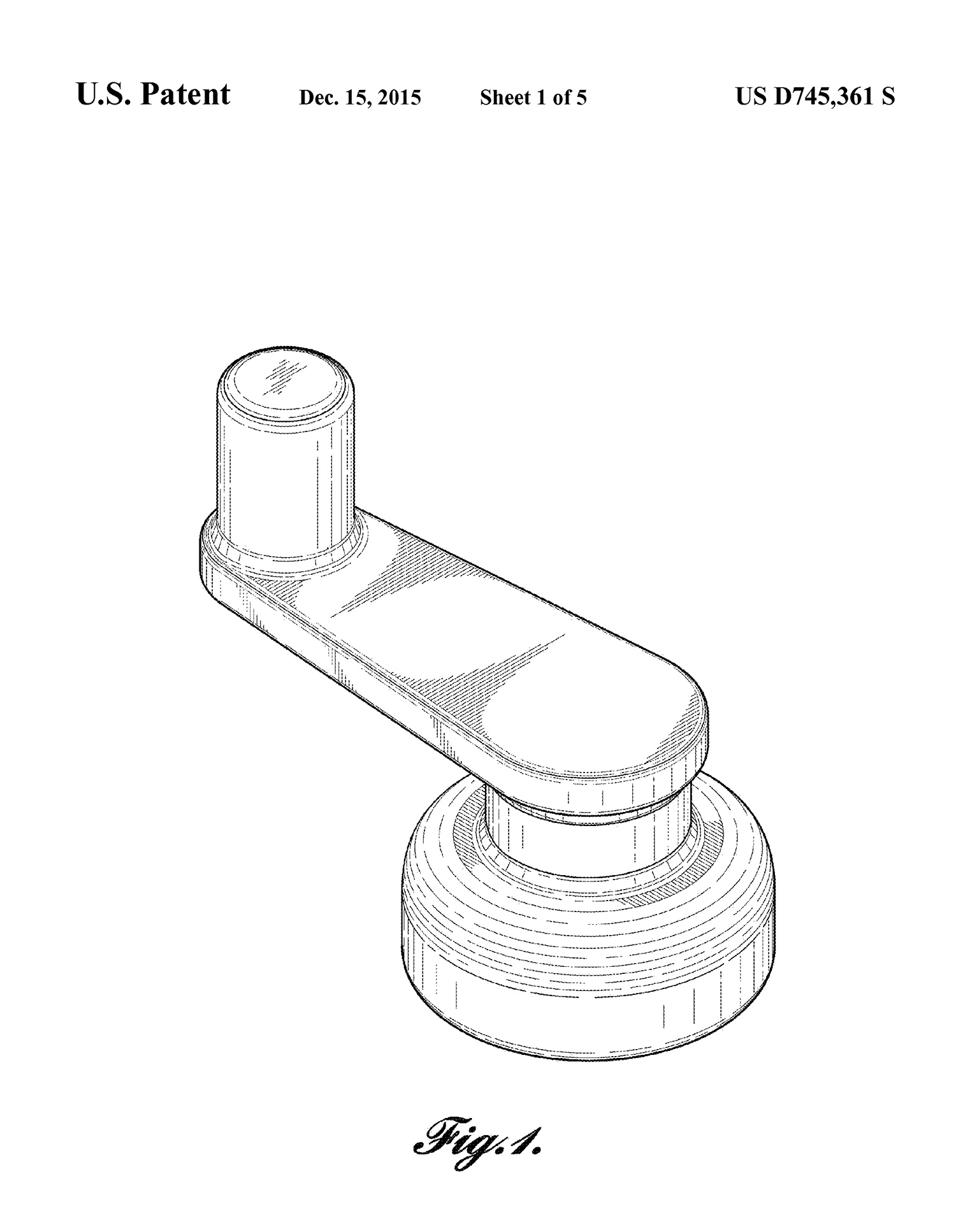 A drawing of a crank, viewed diagonally from the top. Patent information, including number and date, is at the top of the image.