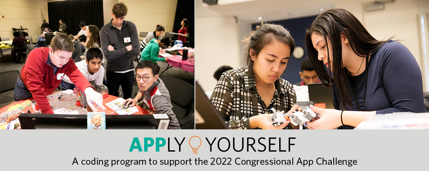A collage of three images with students and educators around computers and interacting with each other with text below “apply yourself a coding program to support the 202 congressional app challenge”