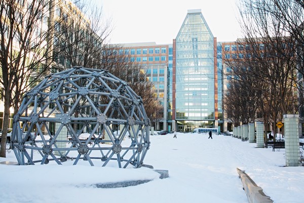 Image of the USPTO headquarters with a dusting of fresh snow