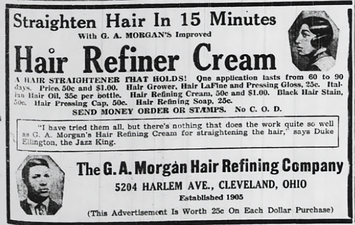 Advertisement for G.A. Morgan Hair Refining Company featuring a quote from Duke Ellington
