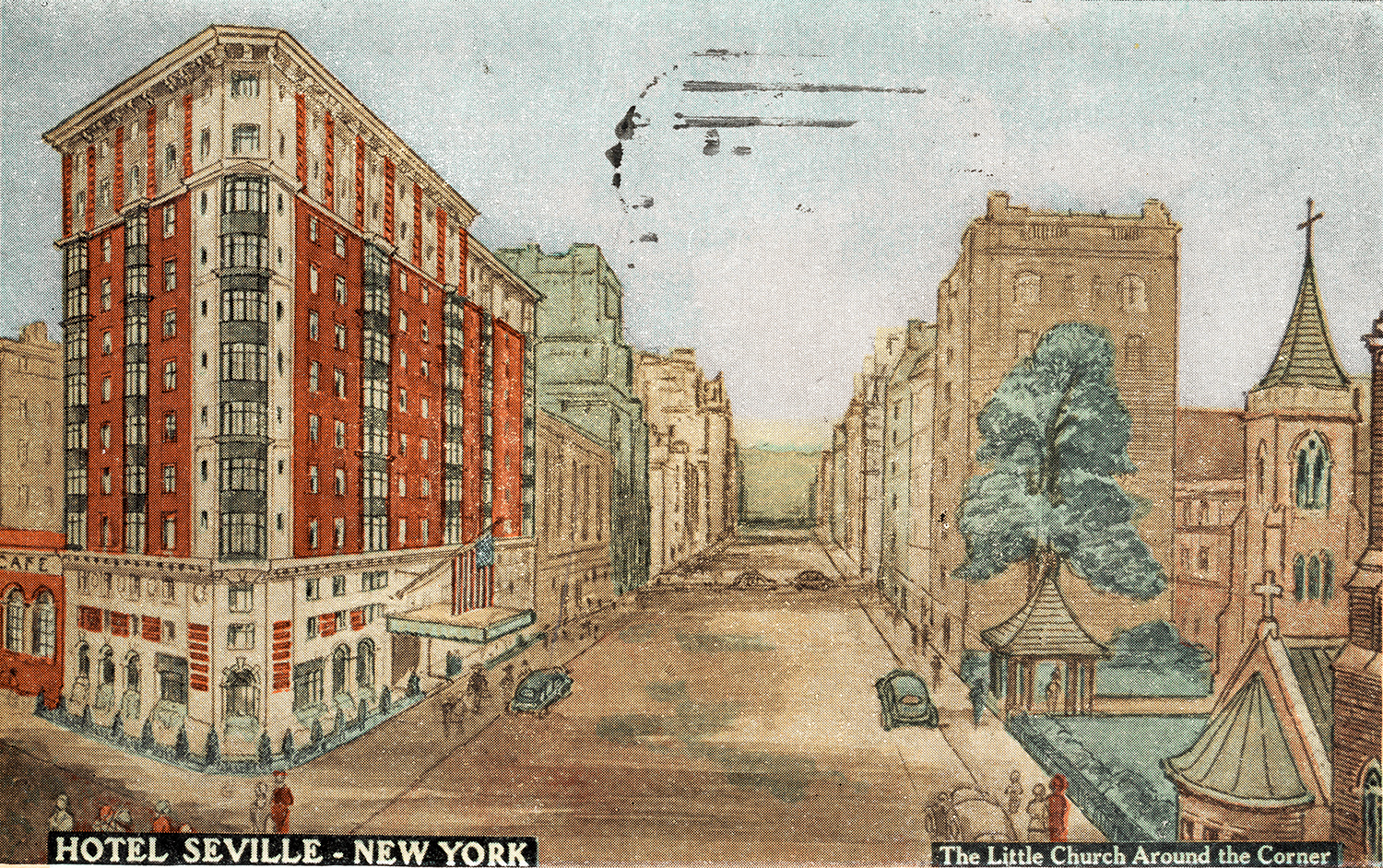 Colorized illustration of a several-stories tall brick hotel on the corner of a street in New York City