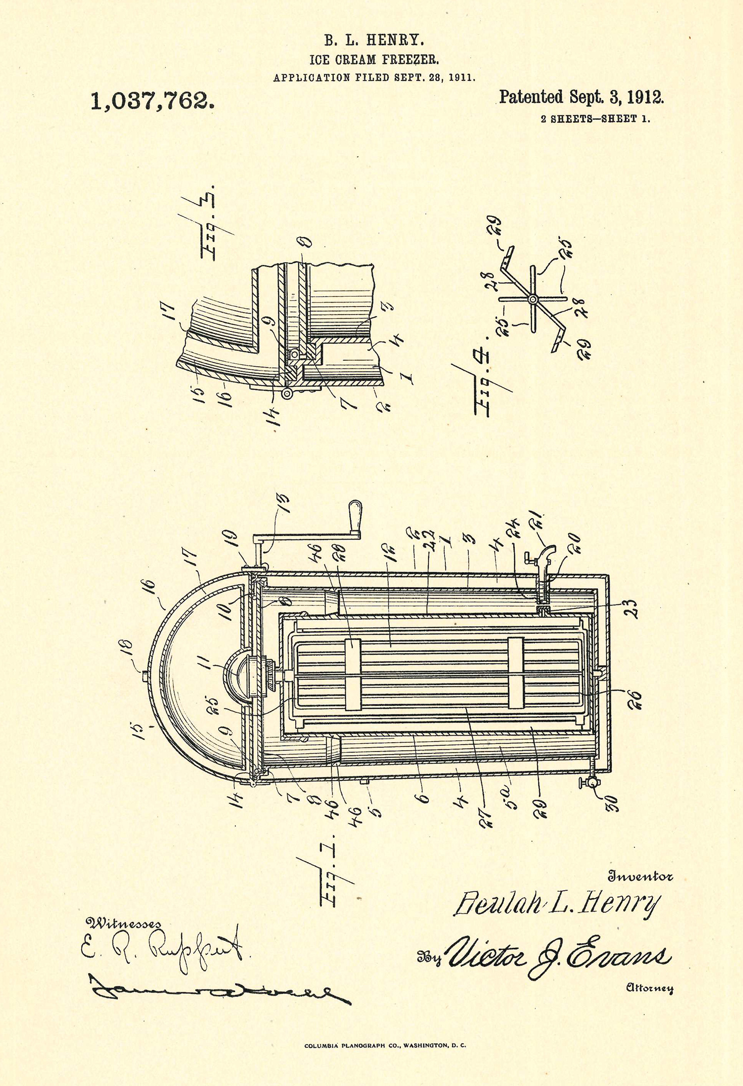 Patent showing the inner workings of a rectangular-shaped ice-cream freezer with a domed top and a hand crank