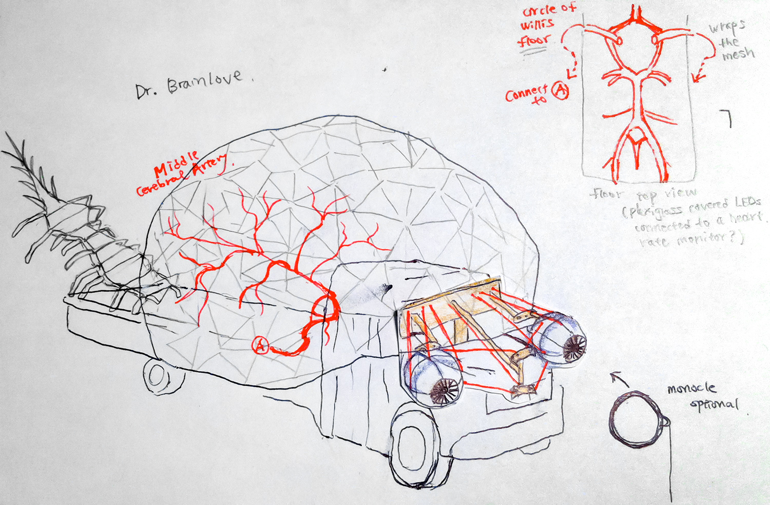  A pen sketch in black, blue, and red ink of the Dr.Brainlove prototype. The sketch depicts a geometric skull-shaped structure built upon a bus chasis, with eyeballs, spinal column, and cerebral artery. Handwritten notes provide further instructions and details such as “monocle optional.” 