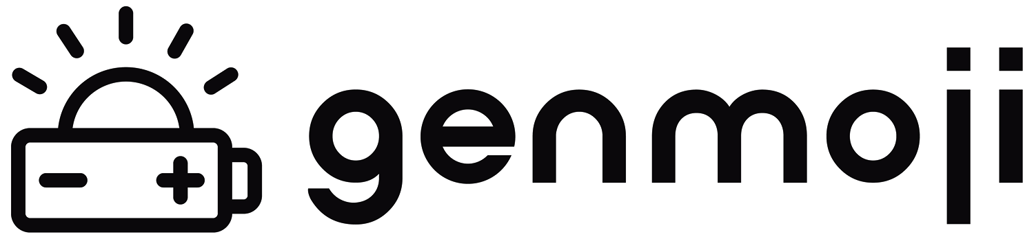 Una imagen del logo de Genmoji. Incluye un dibujo lineal simple de una batería con un sol naciente detrás, y la palabra "Genmoji" en minúsculas a la derecha del dibujo.