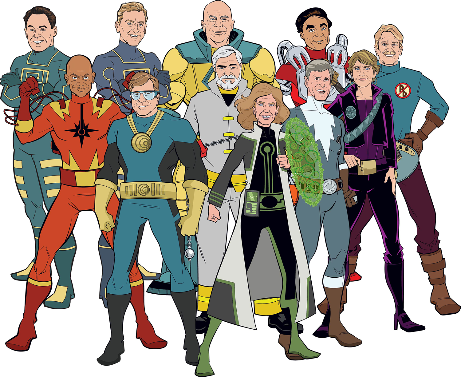 Eleven cartoon super hero characters are shown wearing multiple uniforms