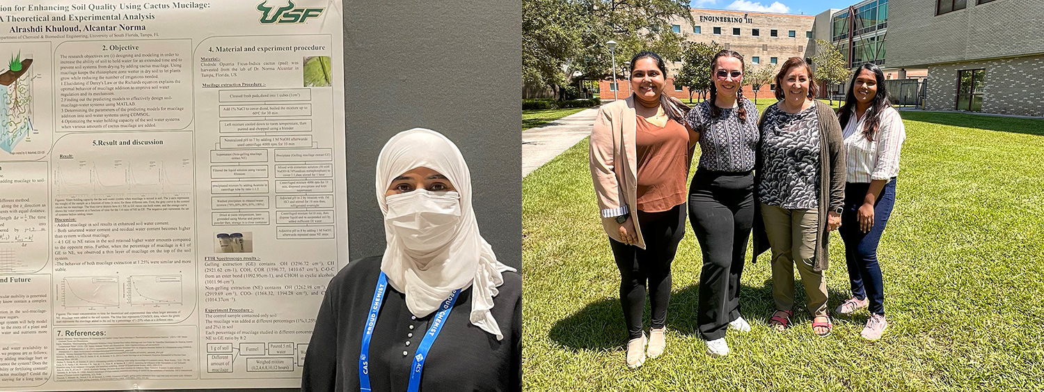 A woman with a head covering stands next to an illustrated research poster. Four women stand shoulder to shoulder facing the camera smiling outside a university building.