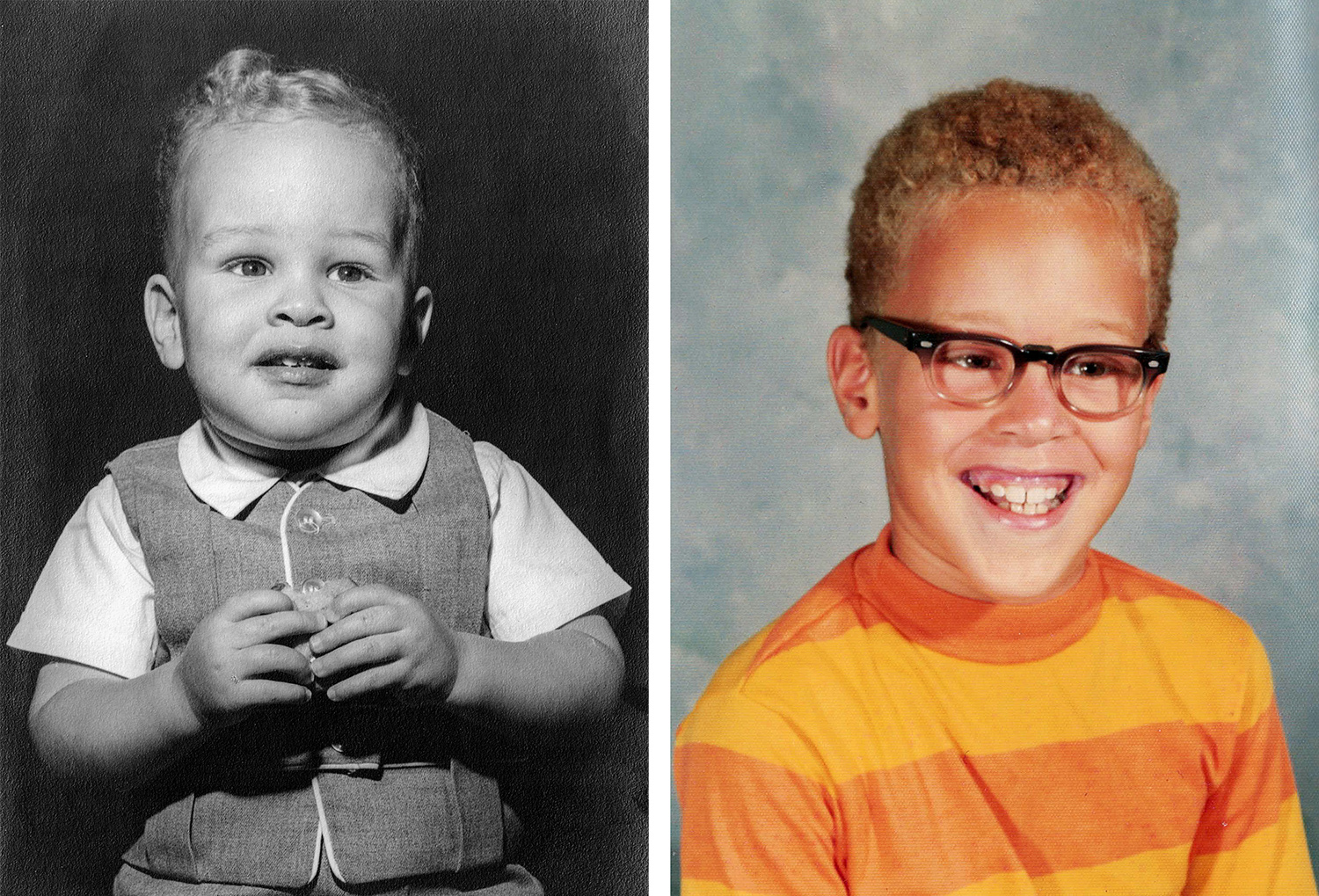 Robert Bryant as a two-year-old boy wearing white collared shirt and button up vest in black and white photo, and smiling as a 9-year-old boy with short, curly dark blonde hair, wearing dark rimmed glasses and a yellow and orange striped shirt in school photo