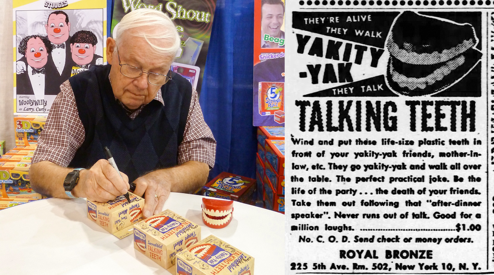 Left: Toy inventor Eddy Goldfarb wearing a red plaid shirt and blue sweater autographs his most famous creation, motorized teeth called the Yakity Yak Talking Teeth, at a toy convention in 2010. Right: A black and white newspaper advertisement from 1949 for Yakity Yak Talking Teeth, a set of motorized teeth sold as a novelty gift. 