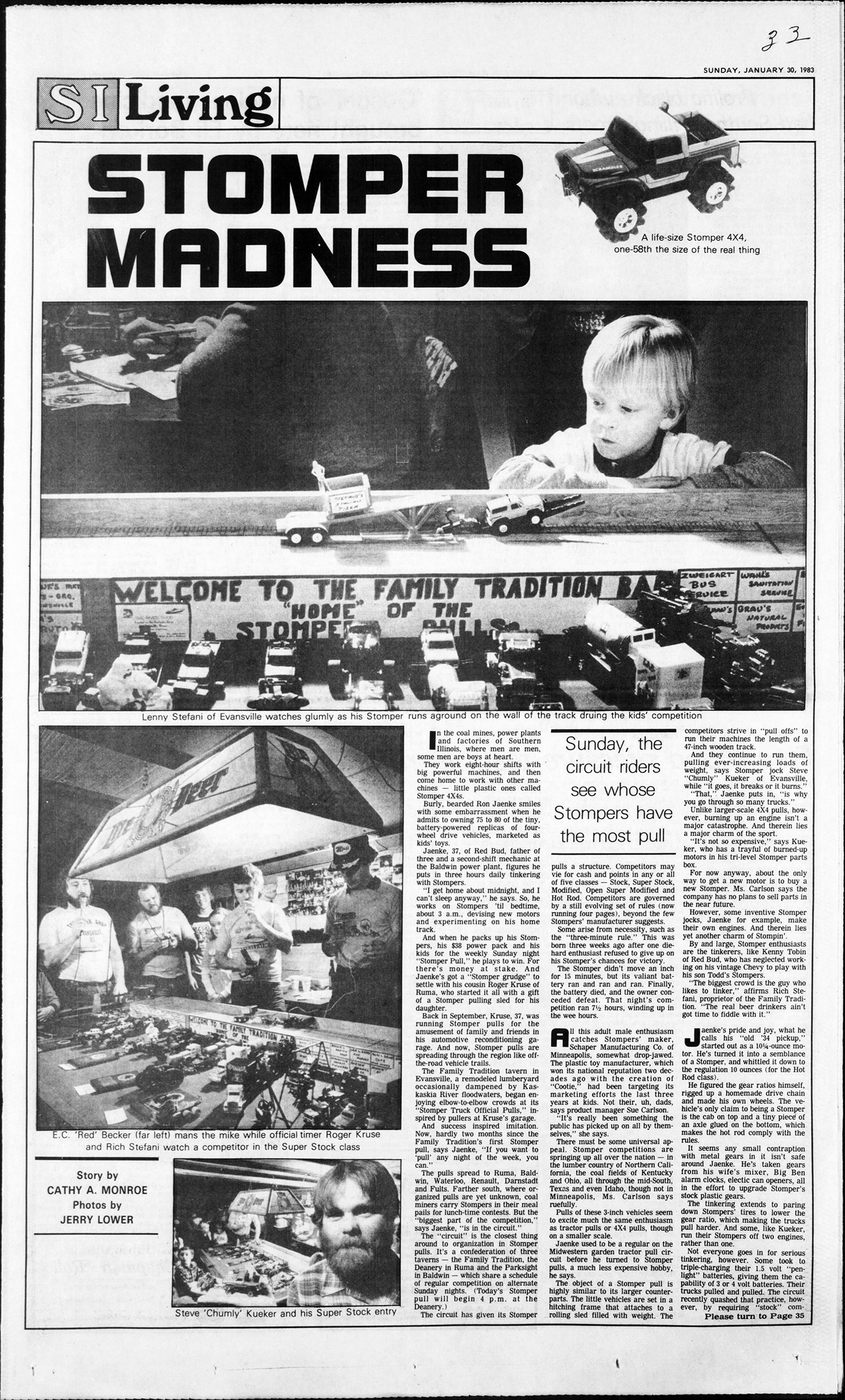 The front page of the living section of the Southern Illinoisan newspaper shows several black and white photographs of children and adults playing with small motorized trucks called Stompers.