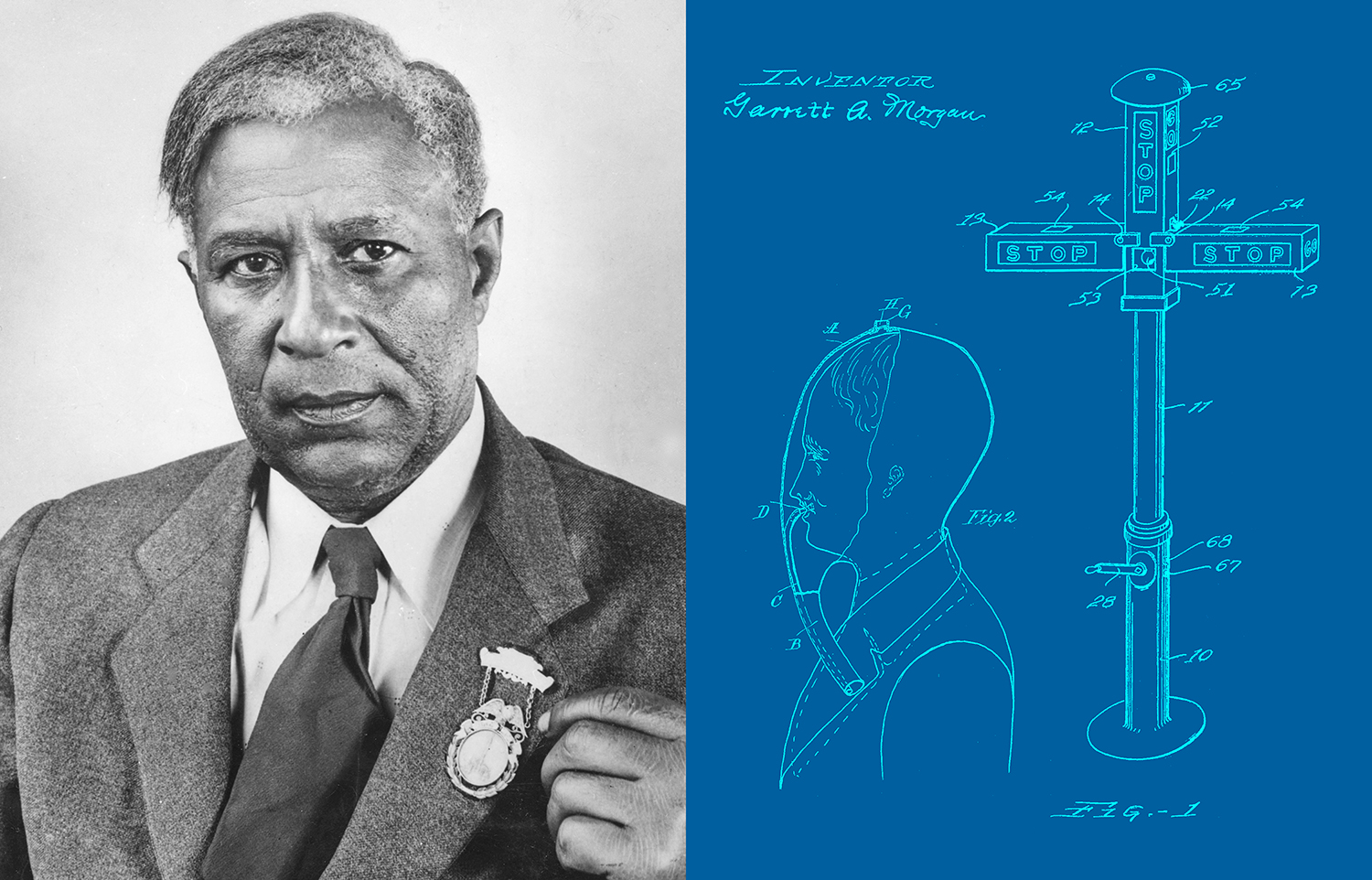 Garrett Morgan with a medal pinned to his suit jacket alongside drawings from his smoke hood and traffic signal patent