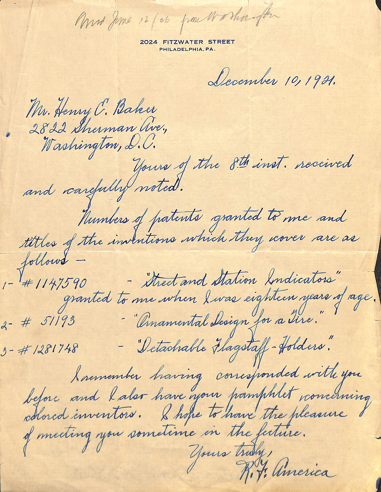 A handwritten letter from R.F. America to Henry Baker from December 10, 1921 listing three patents: nos. 1,147,590, D511,193, and 1,281,748.