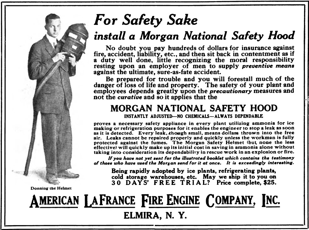 An ad for Morgan National Safety Hood featuring a white man in a three-piece suit holding Morgan’s fabric safety hood