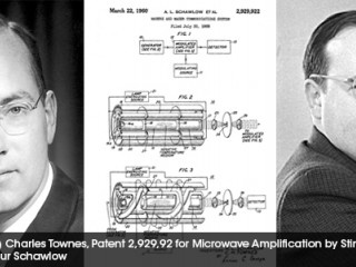 Portraits of Charles Townes and Arthur Schawlow and the patent application drawing of US Patent number 2,929,922 for the Microwave Amplification by Stimulated Emission of Radiation