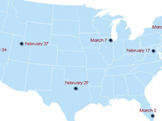 Map of the US with the different USPTO Regional Office locations and roadshow dates marked