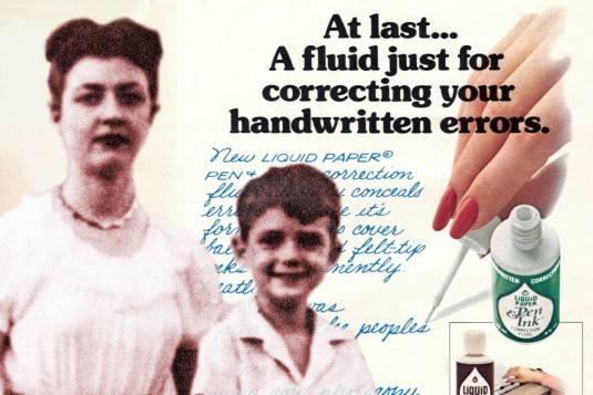 A black and white photograph of a woman and her young son centered on the left and superimposed on top of a 1980s Liquid Paper print advertisement.