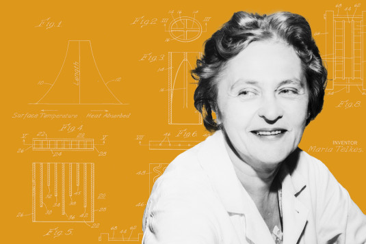 A portrait of Maria Telkes superimposed on a background of her patent drawings.